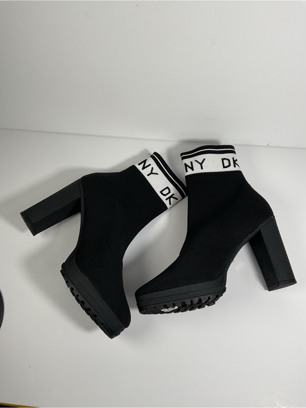 DKNY Black Knit Logo Sock Ankle Bootie Slip On Stretch Block Heel US 9.5 - Picture 7 of 8